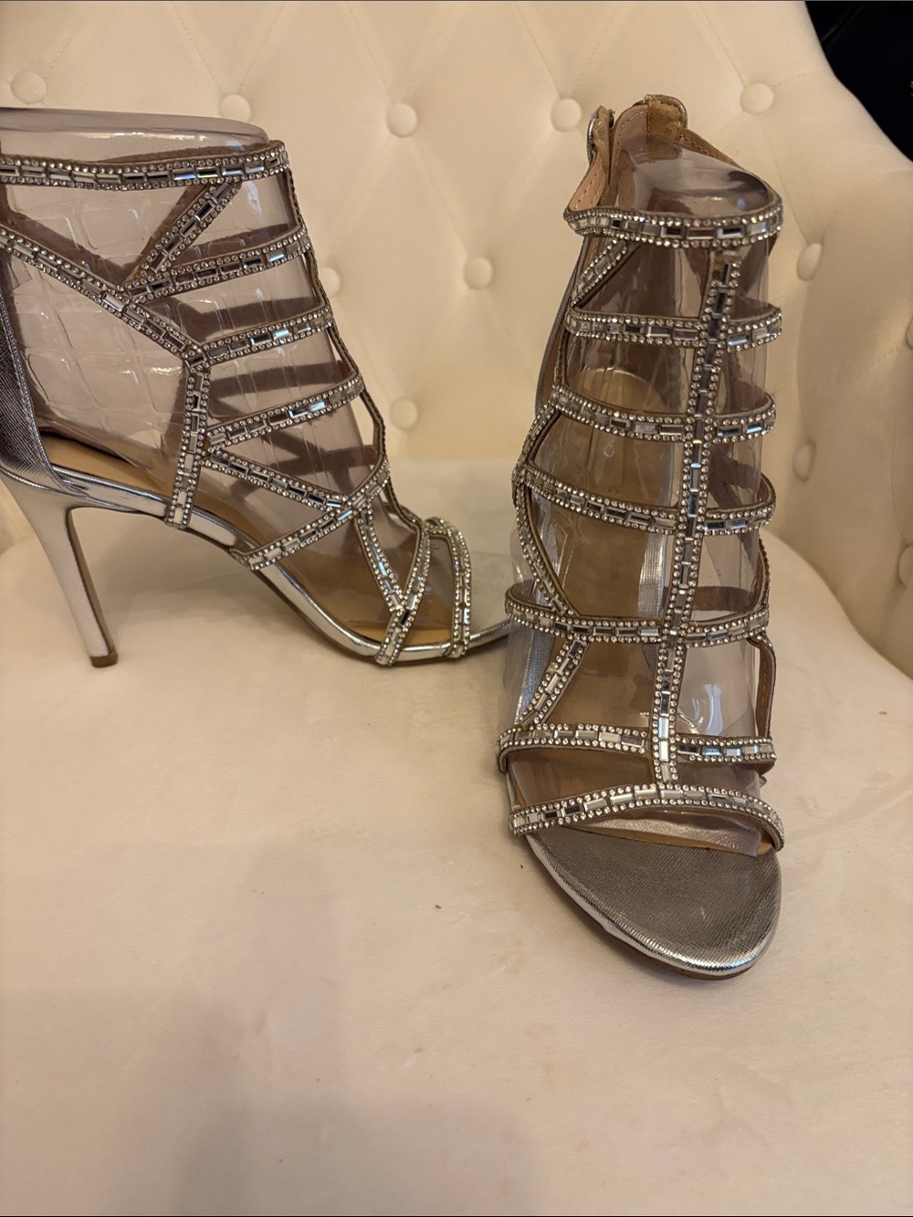 Aldo Silver Rhinestone Cage Heeled Sandals